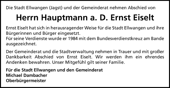 Traueranzeige von Ernst Eiselt von Schwäbische Post