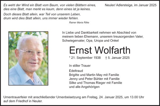 Traueranzeige von Ernst Wolfarth von Schwäbische Post