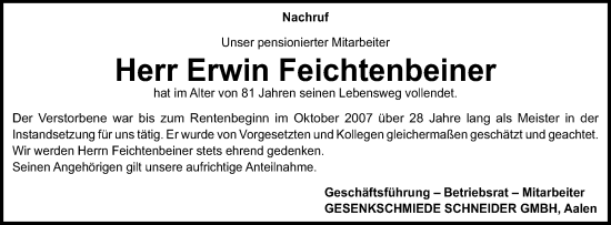 Traueranzeige von Erwin Feichtenbeiner von Schwäbische Post