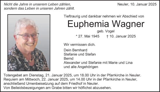 Traueranzeige von Euphemia Wagner von Schwäbische Post