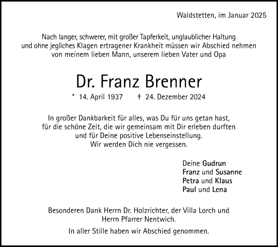 Traueranzeige von Franz Brenner von Gmünder Tagespost