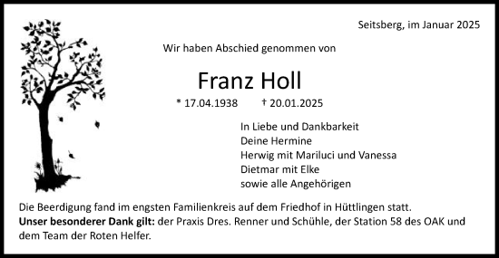 Traueranzeige von Franz Holl von Schwäbische Post