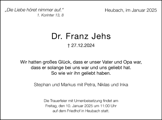 Traueranzeige von Franz Jehs von Gmünder Tagespost