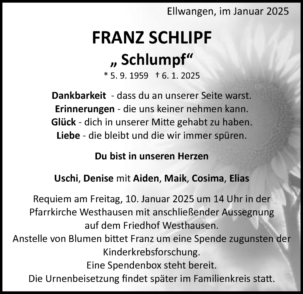  Traueranzeige für Franz Schlipf vom 09.01.2025 aus Schwäbische Post