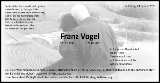 Traueranzeige von Franz Vogel von Schwäbische Post