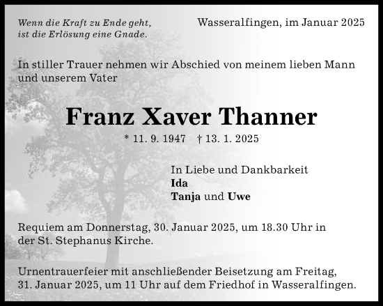 Traueranzeige von Franz Xaver Thanner von Schwäbische Post