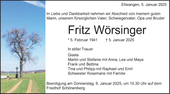Traueranzeige von Fritz Wörsinger von Schwäbische Post