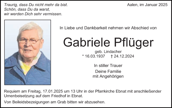 Traueranzeige von Gabriele Pflüger von Schwäbische Post