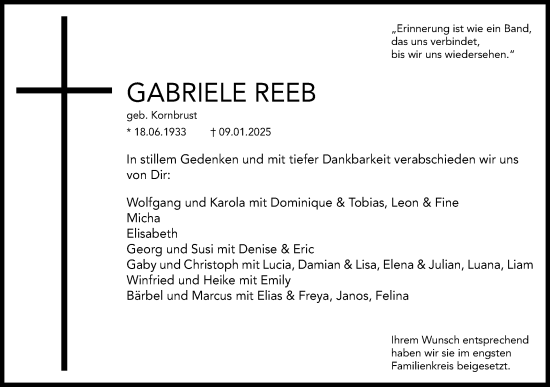 Traueranzeige von Gabriele Reeb von Schwäbische Post