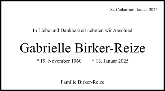 Traueranzeige von Gabrielle Birker-Reize von Gmünder Tagespost