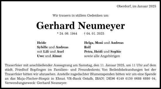Traueranzeige von Gerhard Neumeyer von Schwäbische Post