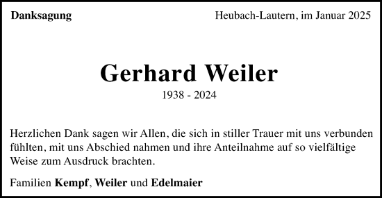 Traueranzeige von Gerhard Weiler von Gmünder Tagespost