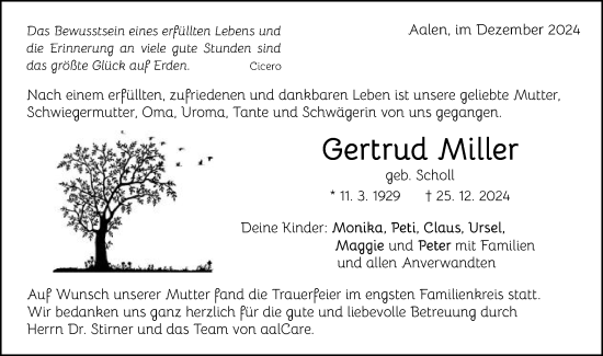 Traueranzeige von Gertrud Miller von Schwäbische Post