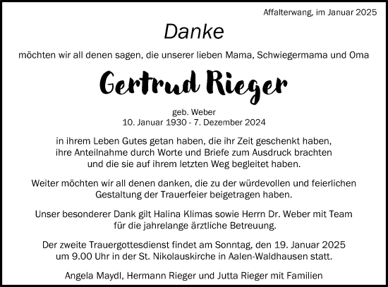 Traueranzeige von Gertrud Rieger von Schwäbische Post