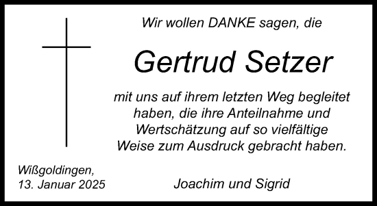 Traueranzeige von Gertrud Setzer von Gmünder Tagespost