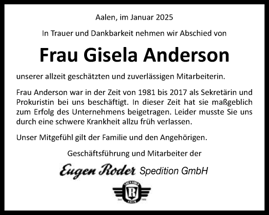 Traueranzeige von Gisela Anderson von Schwäbische Post