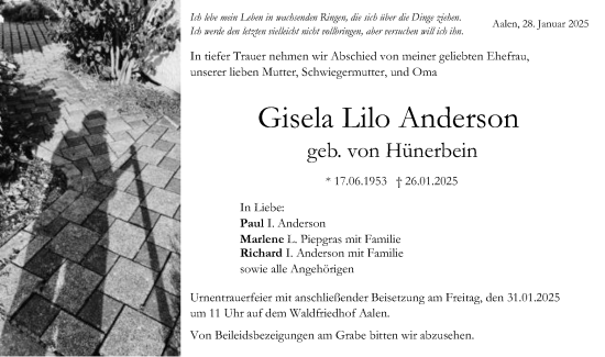 Traueranzeige von Gisela Lilo Anderson von Schwäbische Post