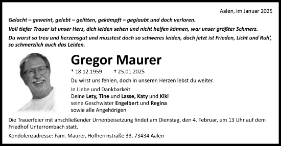 Traueranzeige von Gregor Maurer von Schwäbische Post