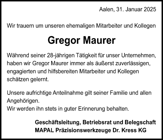 Traueranzeige von Gregor Maurer von Schwäbische Post