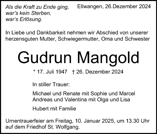 Traueranzeige von Gudrun Mangold von Schwäbische Post