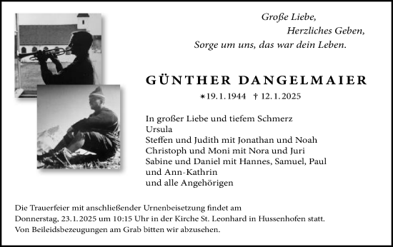 Traueranzeige von Günther Dangelmaier von Gmünder Tagespost