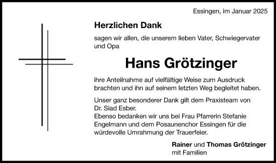 Traueranzeige von Hans Grötzinger von Schwäbische Post