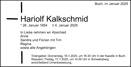 Traueranzeige von Hariolf Kalkschmid von Schwäbische Post