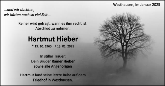 Traueranzeige von Hartmut Hieber von Schwäbische Post