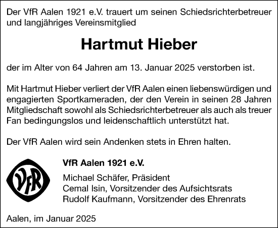 Traueranzeige von Hartmut Hieber von Schwäbische Post