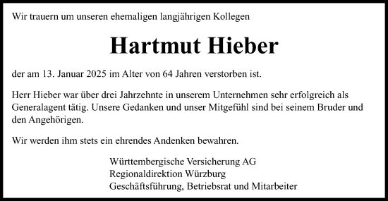 Traueranzeige von Hartmut Hieber von Schwäbische Post