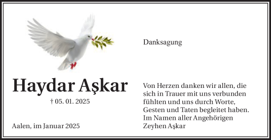 Traueranzeige von Haydar Askar von Schwäbische Post