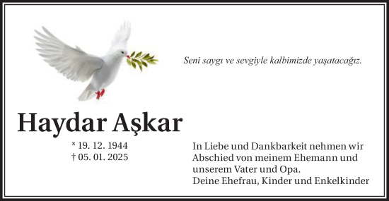 Traueranzeige von Haydar Askar von Schwäbische Post