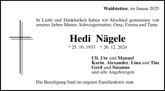 Traueranzeige von Hedi Nägele von Gmünder Tagespost