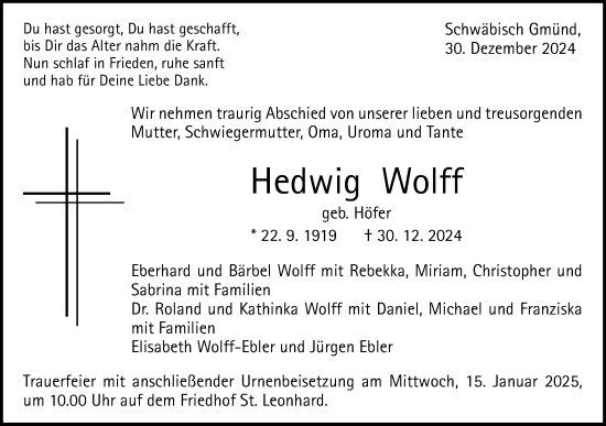 Traueranzeige von Hedwig Wolff von Gmünder Tagespost