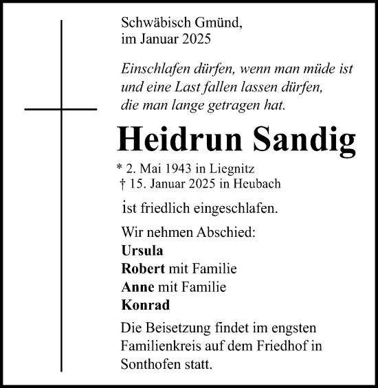Traueranzeige von Heidrun Sandig von Gmünder Tagespost