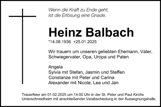 Traueranzeige von Heinz Balbach von Schwäbische Post
