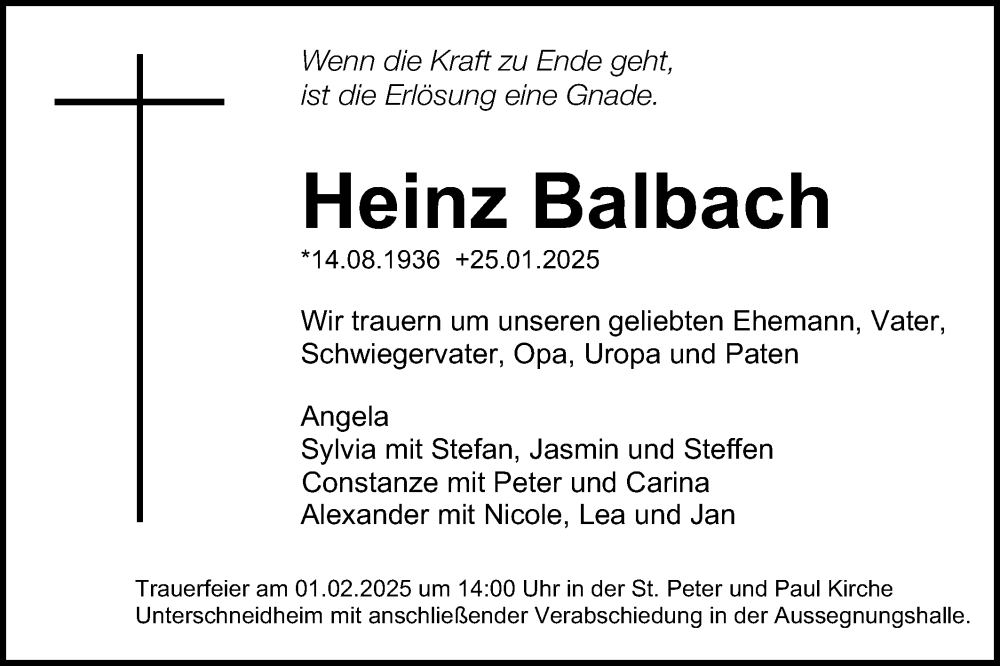  Traueranzeige für Heinz Balbach vom 30.01.2025 aus Schwäbische Post