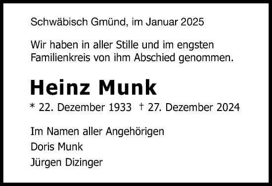 Traueranzeige von Heinz Munk von Gmünder Tagespost