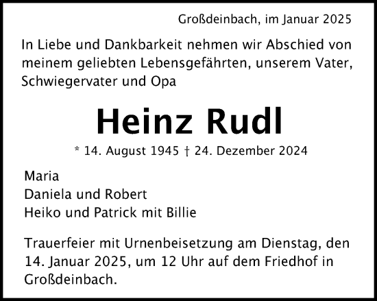Traueranzeige von Heinz Rudl von Gmünder Tagespost
