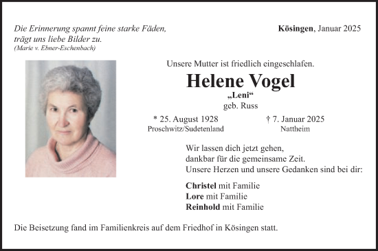 Traueranzeige von Helene Vogel von Schwäbische Post