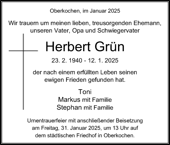 Traueranzeige von Herbert Grün von Schwäbische Post