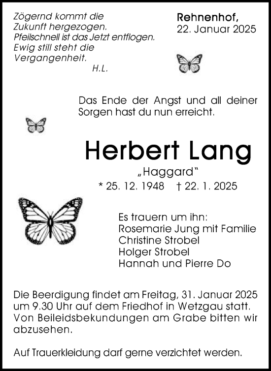 Traueranzeige von Herbert Lang von Gmünder Tagespost