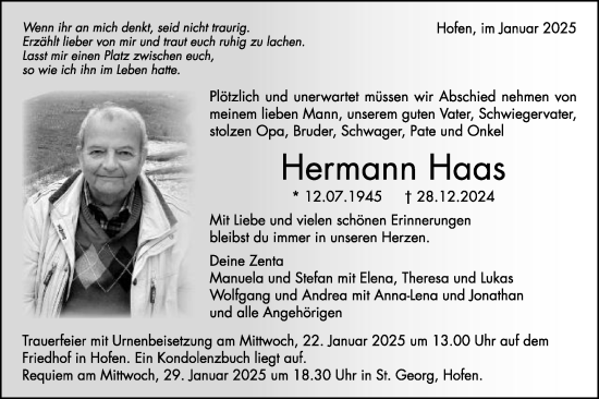 Traueranzeige von Hermann Haas von Schwäbische Post