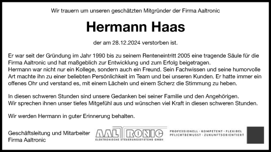 Traueranzeige von Hermann Haas von Schwäbische Post
