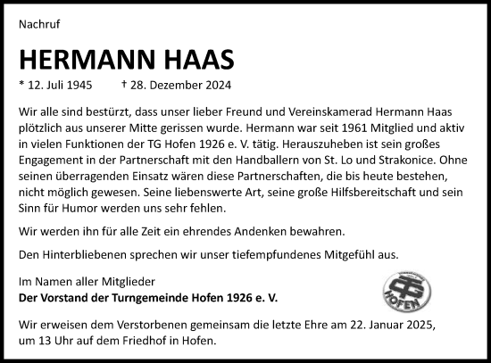 Traueranzeige von Hermann Haas von Schwäbische Post