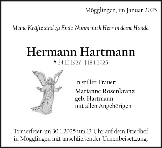 Traueranzeige von Hermann Hartmann von Gmünder Tagespost