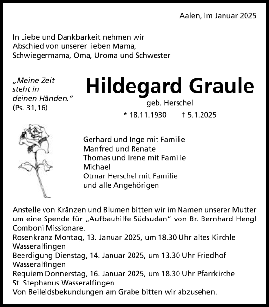 Traueranzeige von Hildegard Graule von Schwäbische Post