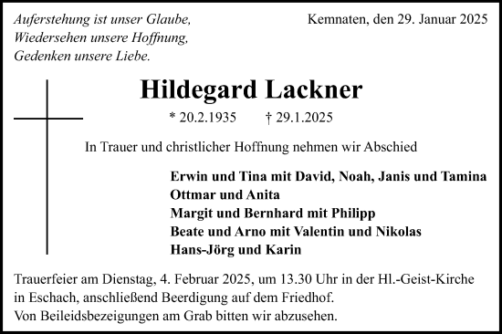 Traueranzeige von Hildegard Lackner von Gmünder Tagespost