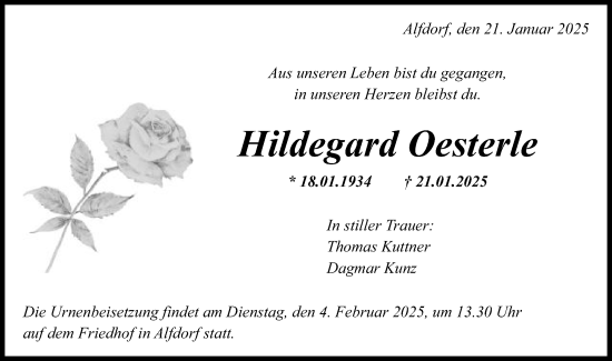 Traueranzeige von Hildegard Oesterle von Gmünder Tagespost