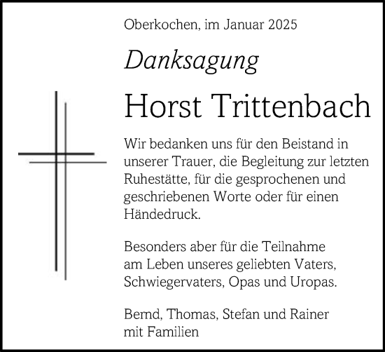 Traueranzeige von Horst Trittenbach von Schwäbische Post